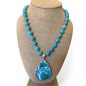 Coldwater Creek  Blue Beaded Necklace with Teardrop Pendant